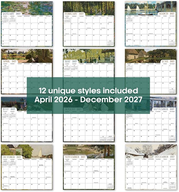 Aesthetic 2026-2027 Magnetic Calendar for Refrigerator, 21-Month Fridge Calendar Magnet from April 2026 to December 2027, Easy Organizing, Monet