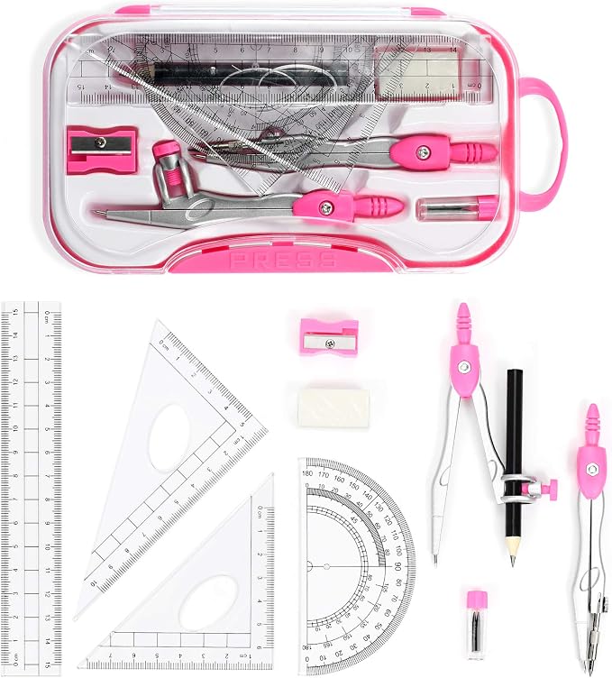 Unjoo Geometry Set 10 Pcs Student Supplies, Protractor and Compass (Pink） | Shatterproof Storage Box,Rulers,Protractor,Compass,Eraser,Pencil Sharpener,Lead Refills,Pencil,for Classroom, Back to School