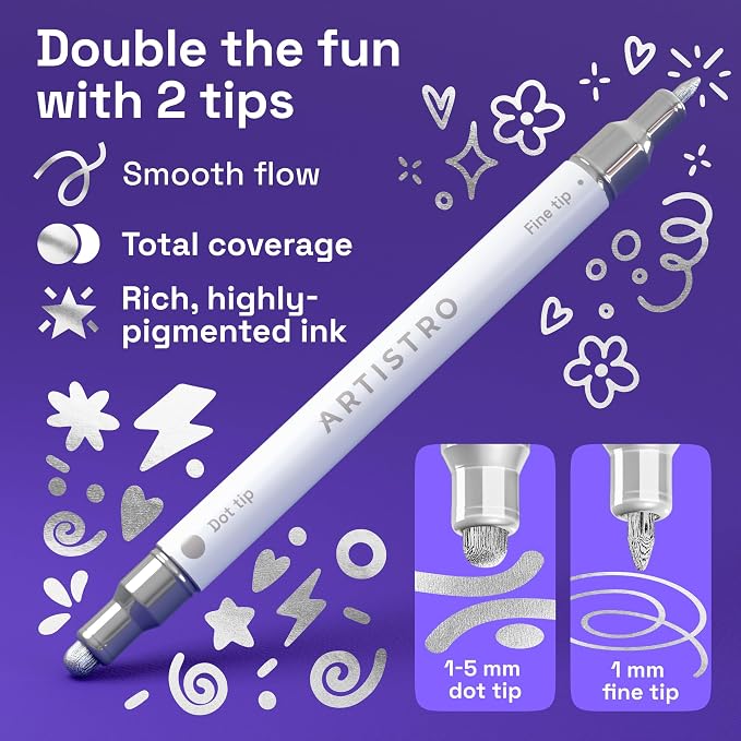 ARTISTRO 5 Silver Dual-Tip Acrylic Paint Markers – Paint Pens Set with Dot & Fine Tips for Fabric, Rock, Glass, Wood, Coloring Books – Arts & Crafts Gift – Classroom Must Haves & School Supplies