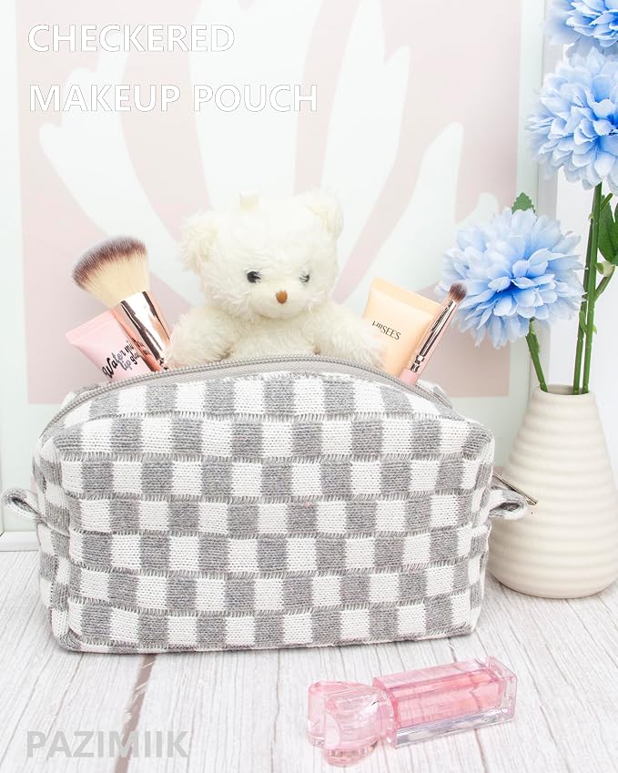 PAZIMIIK Checkered Makeup Bag for Purse, Small Travel Cosmetic Pouch,Grey | Cute Zipper Makeup Organizer for Women, Travel Essentials, Toiletries, Makeup Brushes, Beauty Accessories&Bridesmaid Gifts