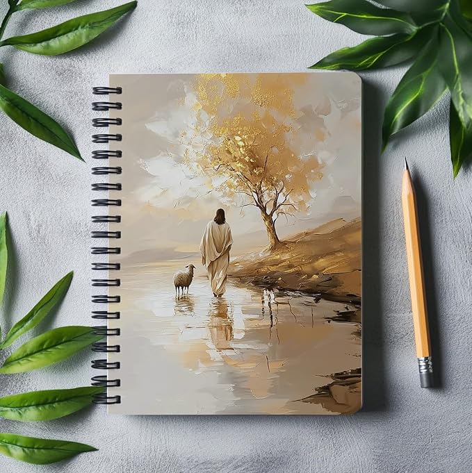 Jesus and Lamb Christian Notebook, Inspirational Faith Journal with Lined Pages, Fall decor, Jesus Leaves the 99 Sheep Painting, Religious Gift for Women, 5.5x8.3 Inch