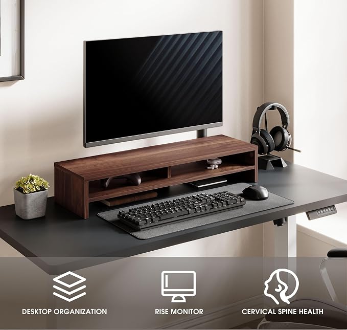 Fenge 31.5 Inch Dual Monitor Stand Riser for Desk, Brown | Wooden Desk Shelf, 2-Tier Open Storage Compartment, for PC Laptop Screen Printer, Home Office Desktop Organizer