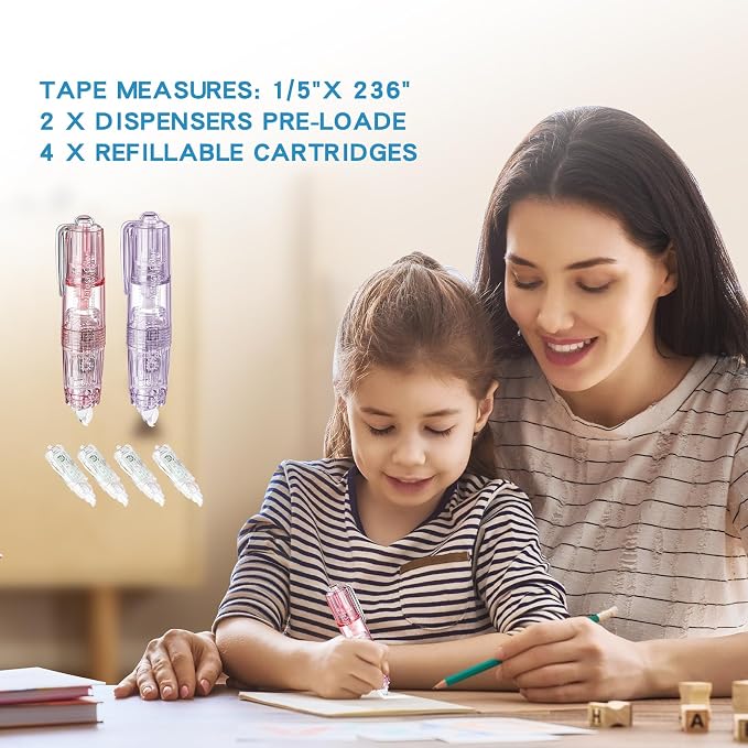 White Retractable Correction Tapes, 2 Cute Pre-Loaded Correctors with 4 Refills, Pull-Out Pen-Shaped Applicator, Anti-Break Tape for Office Supplies(Pink, Purple)