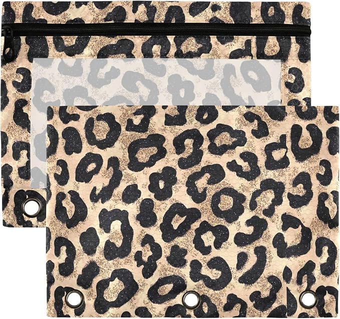 Cheetah Brown Golden Binder Pouches 3 Ring for Boys Girls School Office College Supplies Leopard Black Pencil Pouches Case Bag with Clear Window and Zipper 2 Pack