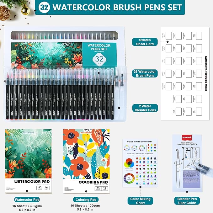 32 Watercolor Pens Set Includes 26 Vivid Colors, Real Brush Tips Paint Markers Set with 2 Blender Pens, Watercolor Pad and Coloring Pad, Art Supplies Gifts for Beginners Young Artists and Adults
