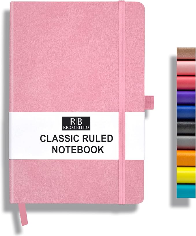 RICCO BELLO Lined Journal Notebook, Light Pink | Faux Leather Hardcover, Pen Holder, 96 Sheets/192 Pages, College Ruled, 5.7 x 8.4 Inches
