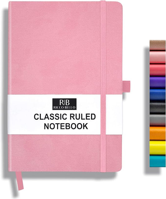 RICCO BELLO Lined Journal Notebook, Light Pink | Faux Leather Hardcover, Pen Holder, 96 Sheets/192 Pages, College Ruled, 5.7 x 8.4 Inches