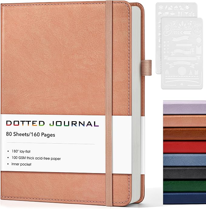 Dotted Journal Notebook, A5 Leather Hardcover, 160 Pages, 180° Lay-Flat Binding, 100 GSM Thick Paper, Dot Grid for Bullet Journaling, Planning & Daily Organization (Pink)