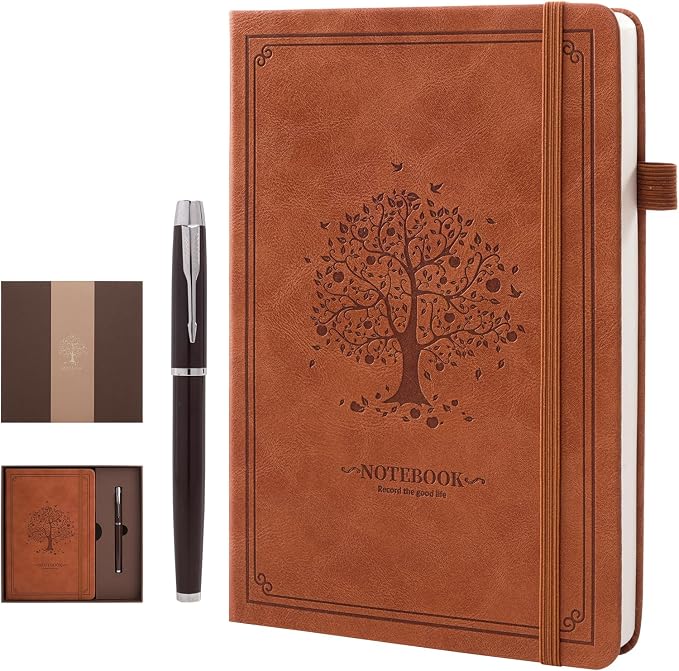 Lined Notebook with Gift Box for Women Men 320 Pages A5 Hardcover Leather with Pen Holder College Ruled Journals for Work Note Taking Travel School Brown