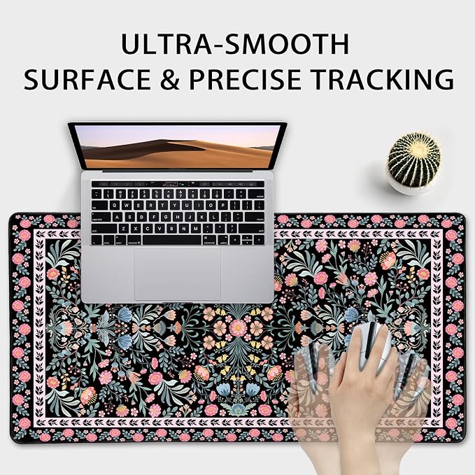 Black Floral Desk Mat, 31.5"x15.7" Large Mouse Pad, Anti-Slip Rubber Base Mousepad, Keyboard Pad with Stitched Edges, Water-Resistant Smooth Desk Blotter, Computer Mat for Home Office Desk