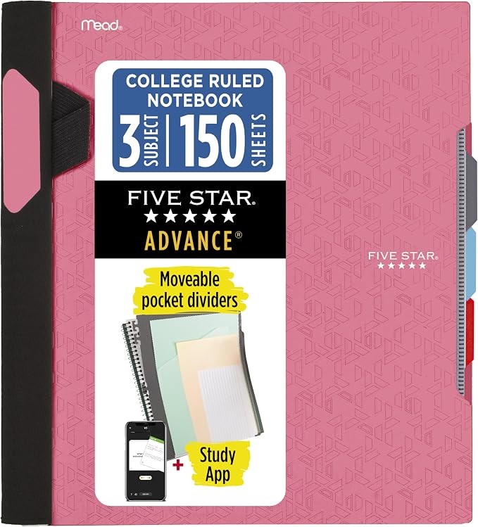 Five Star Advance Spiral Notebook + Study App, 3 Subject, 8.5" x 11" College Ruled Paper, 150 Sheets, Spiral Guard, Movable Tabbed Dividers, Prom Pink (820060R)