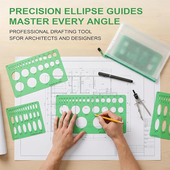 15 PCS Circle Template Set Plastic Circle and Oval Measuring Templates Series Ellipse Template for Students Professionals Precise Drafting with Storage Bag