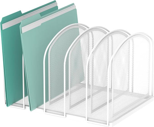 SUPEASY File Organizer 5-Section Mesh Desk Organizer, Upright File Organizer Desktop Organizer File Sorter, File Folder Holder for Office Supplies, White | 5 Vertical Compartments with Sturdy Metal Base for Office Documents Books Magazines and Laptop