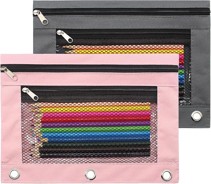 Pencil Pouch 3 Ring Binder Pouch Zippered Pencil Case Canvas Pencil Bag with 2 Compartments (Set of 2, Pink and Grey)