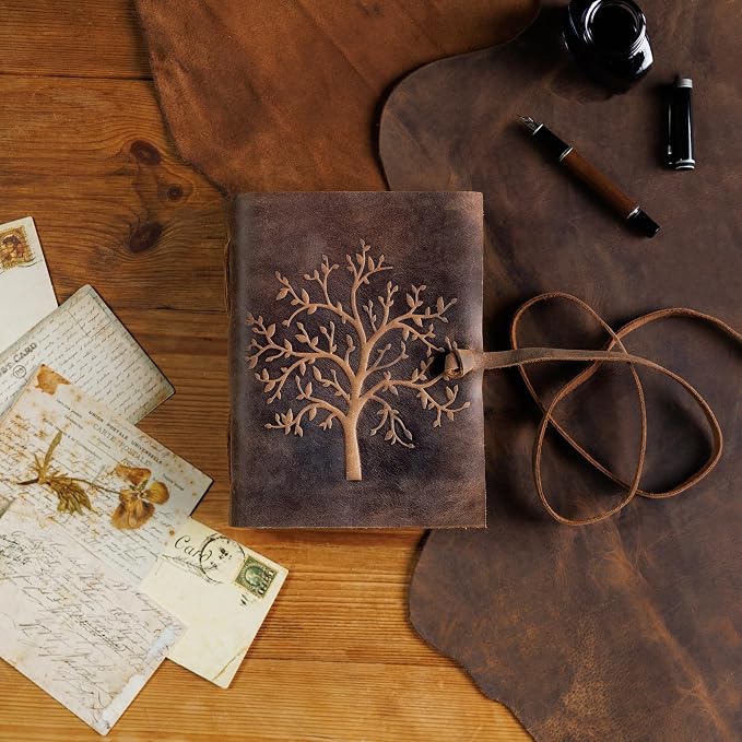 moonster Leather Journal Lined Notebook - Embossed Tree of Life, 8 x 6 Inches Diary, Leather bound Journal for Women - 400 Pages College Ruled Paper - Inspirational Gifts Leather Notebook