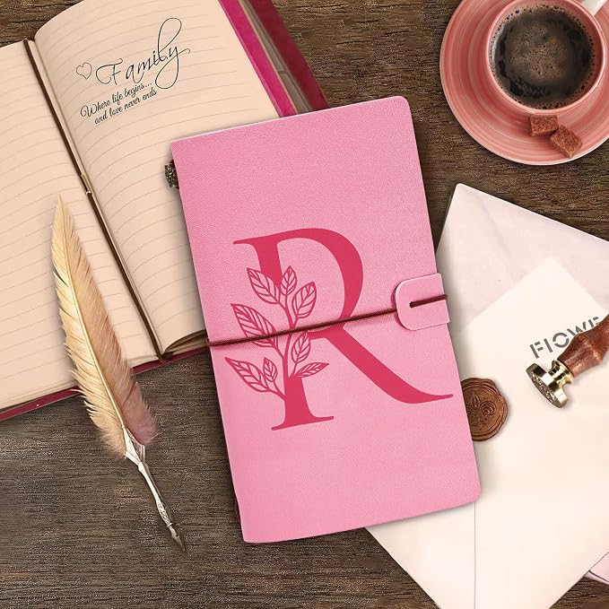 Personalized Journal Gift-Pink Initial Leather Journal+Heart Diamond Pen Set,Travel Notebook Diary Gifts,Refillable Notepads,Christmas,Birthday Gifts for Women Girls (7.9"x4.7") (R)