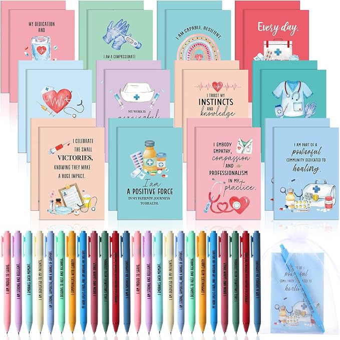 Mooliwe 24 Pcs Positive Affirmation Gift Set Gratitude Notebooks with Pens Small Bags Motivational Encouragement Notepads Daily Affirmations Journal for Women Stress Relief Self Care (Nurse)