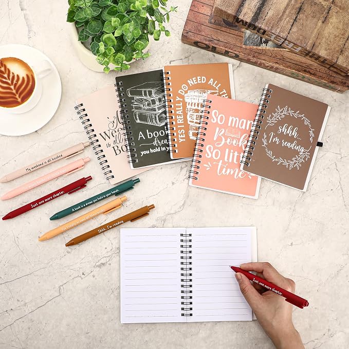 Thenshop 12 Sets Book Lover Gift Librarian Inspirational Spiral Notebook Pen Bulk Book Club Gift Reading Journal Librarian Back to School Gifts for Women Reader Teacher Bookish Bookworm (Retro Color)
