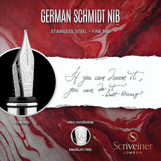 Scriveiner Deep Crimson Red Fountain Pen - Stunning Luxury Pen with Chrome Finish, Schmidt Nib (Fine), Best Pen Gift Set for Men & Women, Professional, Executive, Office, Nice Pens