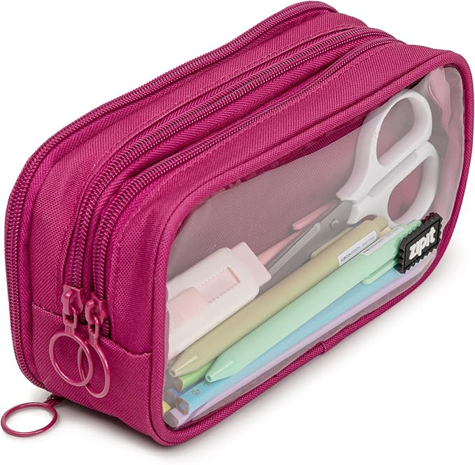 ZIPIT Half & Half Pencil Case for Girls, 3 Compartment Zipper Pouch for School, Stationery Bag for Teen and Adults, Pink