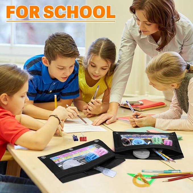 Pencil Pouch for 3 Ring Binder, 100 Packs Zipper Pencil Pouch Bulk in Black Colors, Pencil Case for Binder with Clear Window for School, Home and Office