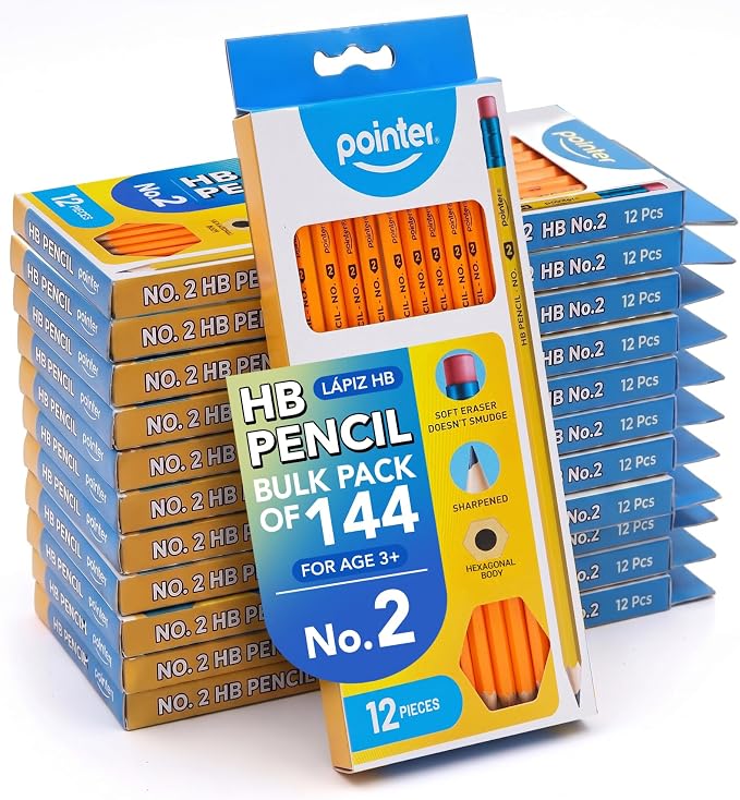 Pointer No. 2 HB Pencils Presharpened HB Wood-Cased Soft Erasers 144 Pack | No.2 HB Pencils Sharpened, Wood Case Pencils with Soft Erasers, No. 2 Wooden Box of Pencils Set for Clasroom Use and Office
