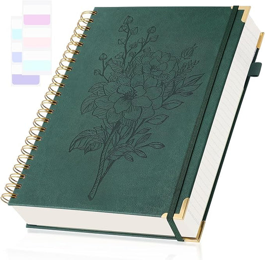 A5 Journaling Notebooks, Hardcover Spiral Notebook, Leather Journal Notebook for Women Girls, College Ruled Notebook with Numbered Page, Pocket & Tab, Small Organizer Notebook for Work School, Green