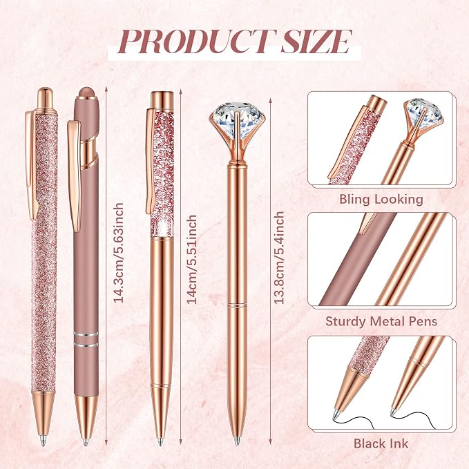 Sabary 8 Pcs Rose Gold Pens with Pen Holder for Desk Glitter Crystal Diamond Cute Ballpoint Fancy Pencil Holder Bling Desk Organizer for Women Girls School Office Supplies Wedding Graduation Gifts
