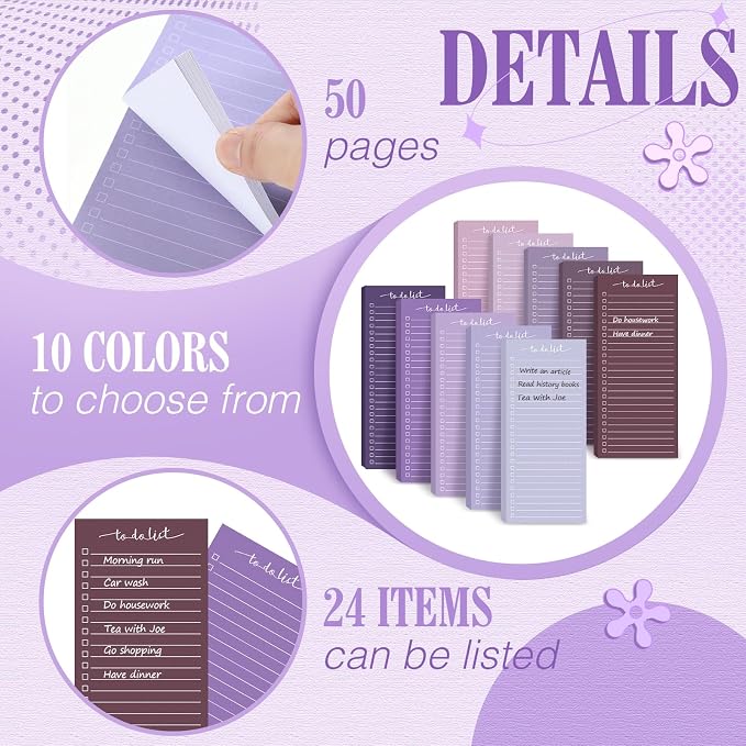 Censen 10 Pack 500 Sheets to Do List Notes Daily Checklist Notepad with 50 Sheets Undated Memo Pad Color Block Shopping List Weekly Plan Notepad Organizer Planners(Gradient Purple,Lined)