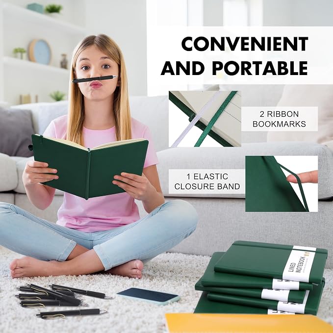 Aodaer 30 Set Lined Notebook Journals with Pens A5 Notebooks 100 GSM College Ruled Hardcover Notebook PU Leather Notepad with Pen Holder for Office School, 5.7 x 8.3 Inches, Dark Green