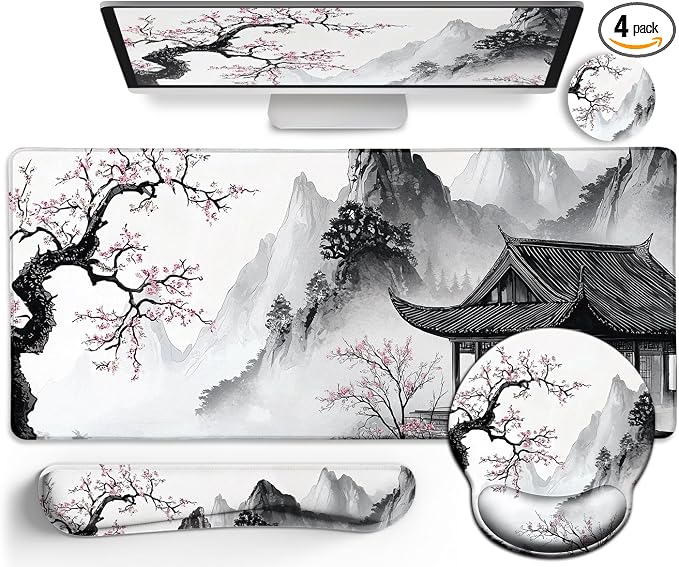 LIMKRIAN Japanese Ergonomic Mouse Pad Set, Large Desk Matt for Desktop | Mousepad Gel Wrist Rest, Memory Foam Keyboard Wrist Support, Gaming Computer Mat, Coaster, Anime Office Desk Accessories