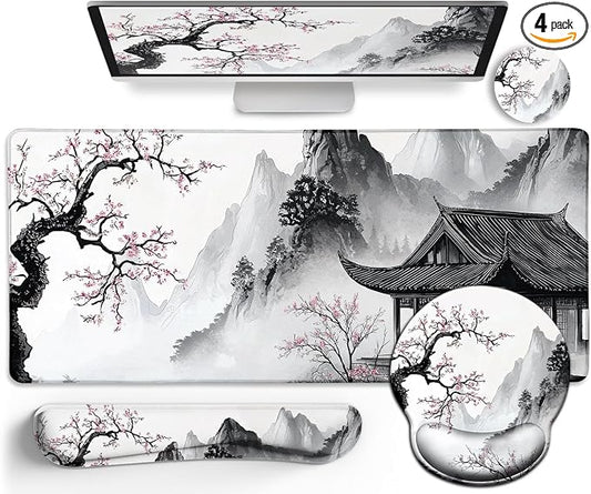 LIMKRIAN Japanese Ergonomic Mouse Pad Set, Large Desk Matt for Desktop | Mousepad Gel Wrist Rest, Memory Foam Keyboard Wrist Support, Gaming Computer Mat, Coaster, Anime Office Desk Accessories