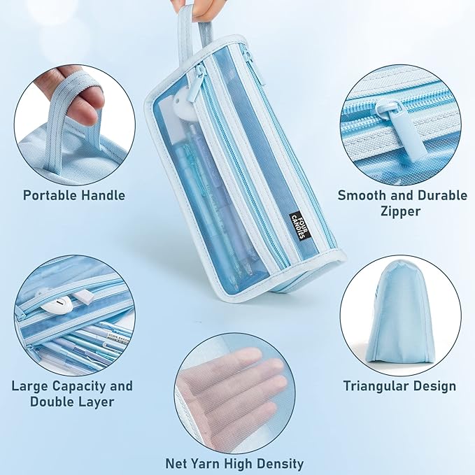 Four Candies Grid Mesh Pencil Case with Handle and Zipper, Clear Double-layer Pencil Pouch Marker Pouch, Travel Makeup Bag, Cute Transparent Stationary Organizer Pen Bag for Adult Office College