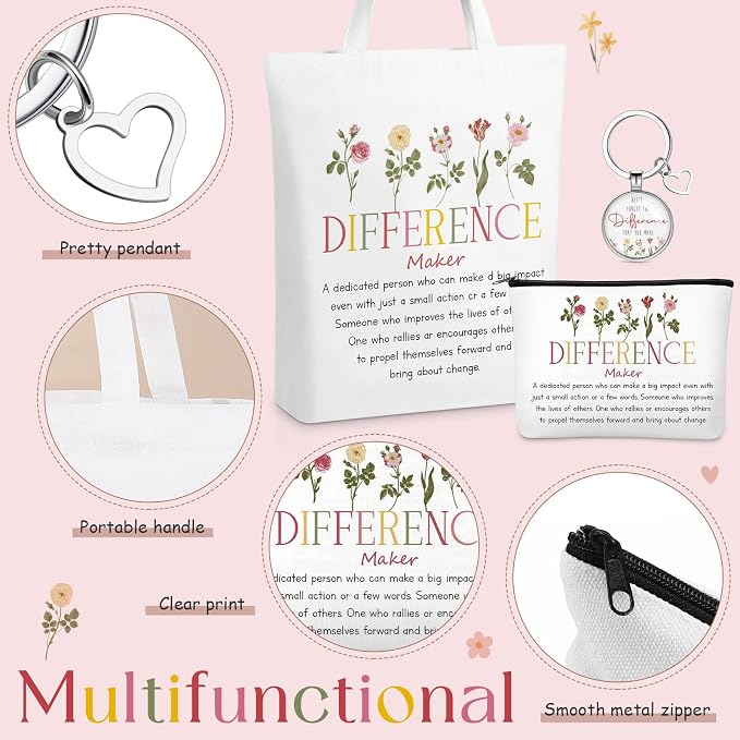 Watersay 5 Pcs Difference Maker Gifts, Cosmetic Bag, Canvas Bag, Coil Notebook, Ballpoint Pen and Keychain for Women Office School Graduation Advocate Coworker Christmas Anniversaries Gift