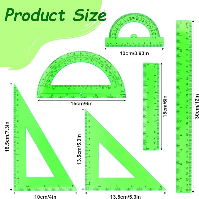 Plastic Clear Ruler Math Set - 6'' 12'' Transparent Straight Ruler, 4'' 6'' Protractor, 30/60 & 45/90 Triangle Ruler, Geometry Math Measuring Tool for School Home Office Drawing Teachers Kids Green