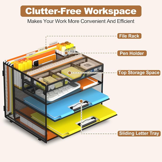 Docnest 5 Tier Desk Organizer with Hanging File Folder Holder&Tray, Black | Features 3 detachable pen holders and 4 removable dividers.Versatile mesh desktop storage for mail, document,office supplie