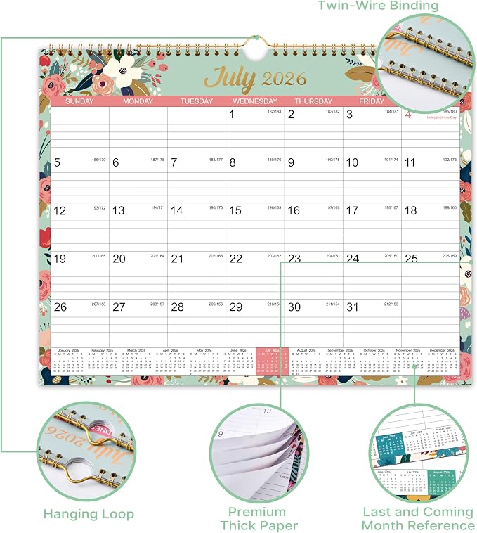 Calendar 2026-2027 - Wall Calendar 2026-2027, Jul.2026 - Dec.2027, 26-27 Wall Calendar 18 Month, 15" x 11.5", Twin-Wire Binding, Julian Dates, Large Block, Notes, To-do List, Thick Paper, Perfect for Organizing - Floral