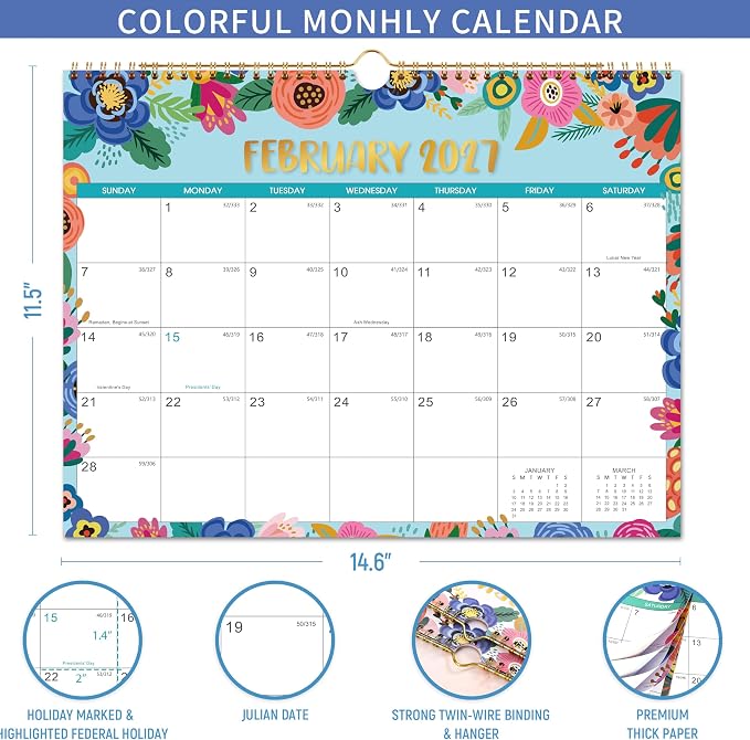 Wall Calendar 2026-2027 - Calendar 2026-2027, JUL. 2026 - Dec. 2027, 18 Monthly Wall Calendar, 15" x 11.5", Wall calendar with Twin-Wire Binding, Hanging Hook, Julian Dates, Thick Paper