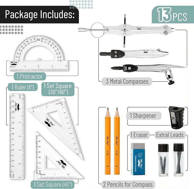 Mr. Pen- Geometry Set, 13 pcs, 3 Metal Compasses, Protractor, 6" Ruler | 45° & 30°/60° Set Squares, Pencils, Lead Refills, Sharpener & Eraser for Math, Drafting & Classroom Use