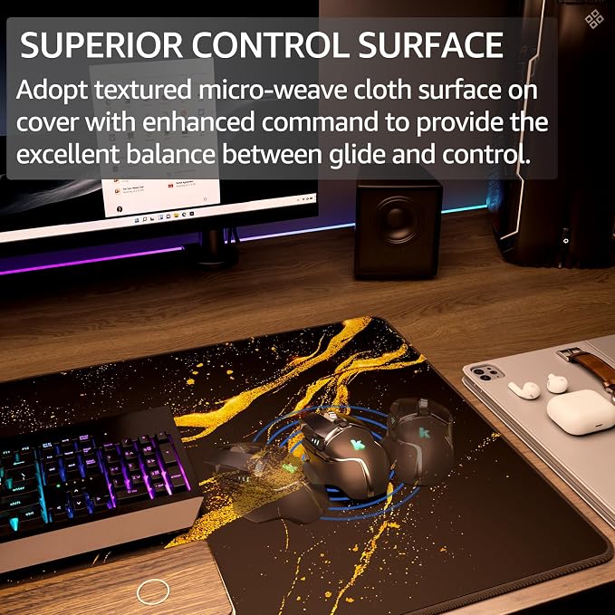 KTRIO Large Gaming Mouse Pad, Desk Mat, 31.5 x 15.7 in Black Gold, XXL | Smooth Micro-Weave Surface, Artistic Pattern Design, Non-Slip Rubber Base, Durable Stitched Edges, Office & Home Use