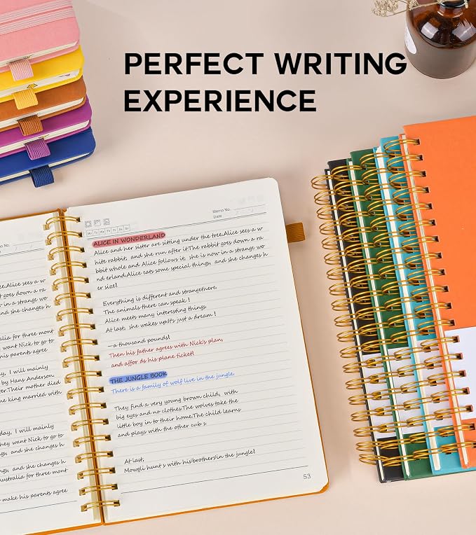 PERCUN Spiral Notebook 300 Numbered Lined Pages Hardcover Journal 5.9"x8.5" | College Ruled Spiral Bound Notebook with Tabs, A5 Leather Journal for Women Men, Work, School, Travel, Writing & Note Taking
