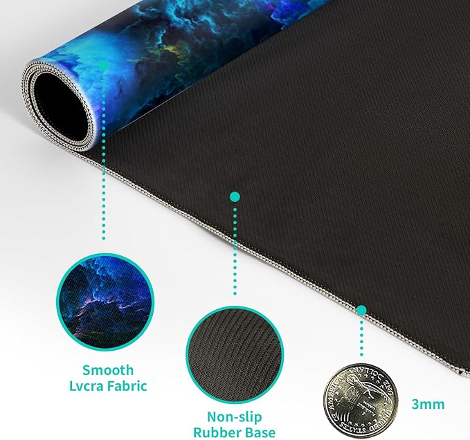 Dazzling Galaxy Gaming Mouse Pad 27.6x11.8 Inch Blue Purple Galaxy Nebula Universe Space Large Mousepad Non-Slip Rubber Base Stitched Edges Keyboard Mouse Mat Desk Pad for Office Home and Game