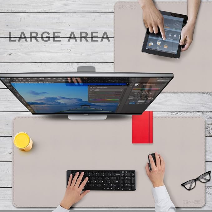 CENNBIE 39.3" x 19.6" Leather Desk mat,Perfect Desk Mate for Office(Cream) | Premium stitched edges resist wear. Easy to clean. Protects desk from spills, stains ,scratches. Smooth glide. Office & home.