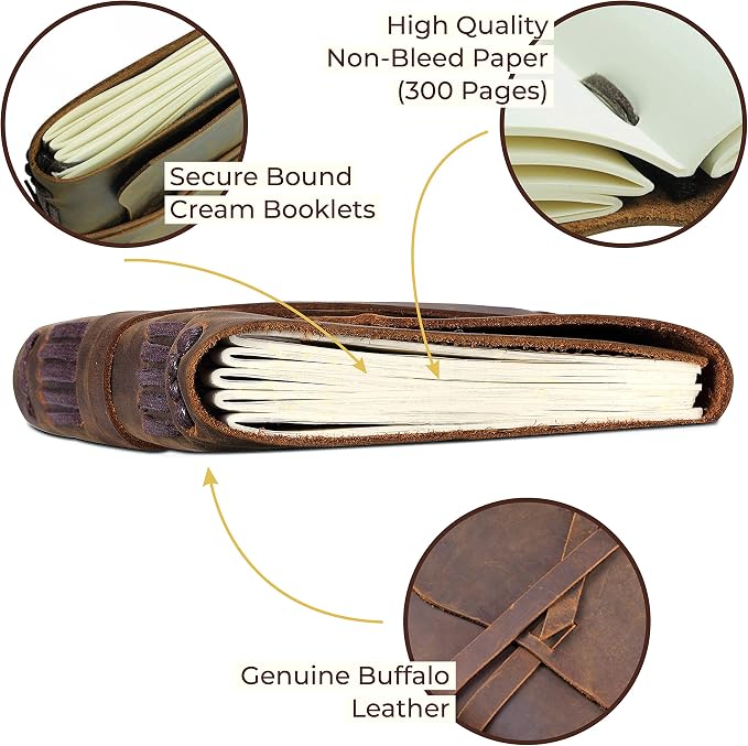 Leather Journal Gift Set with Antique Leather Bookmark + Pen, Handmade Writing Notebook 7x5 Inches Unlined Leather Bound Daily Notepad For Men For Women, Luxury Gift Box Diary for all ages