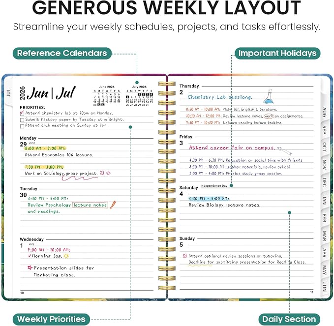 Planner 2026-2027, Academic Year Monthly and Weekly Calendar Planner, Jul 2026 - Jun 2027, Hardcover Teacher Student Planning Agenda book with Tabs, Perfect for School Office Supplies, 6.3" x 8.5" - Mystic Forest