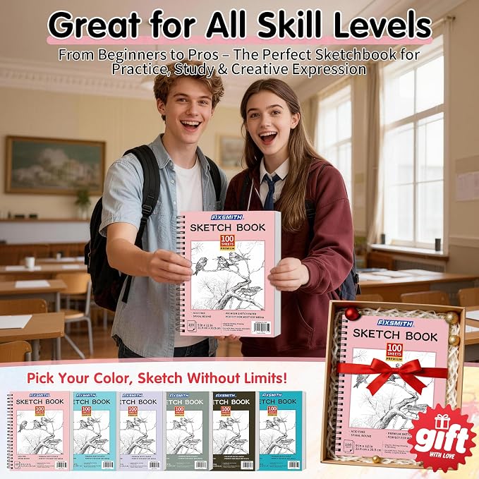 FIXSMITH 9"X12" Pink Sketch Book, 400 Sheets (68 lb/100gsm) Spiral Sketchbook, Acid Free Drawing Paper, Sketch Pad for Beginners,Artists & Professionals, Bright White