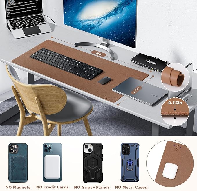 Wireless Charging Mouse Pad Firelison 2 in 1 Leather Multifunctional Office Desk Pad with Non-Slip Rubber Base, Waterproof Desk pad for Computers/Office/Work/Home/Decor（ 36" x 17"Buff - L）