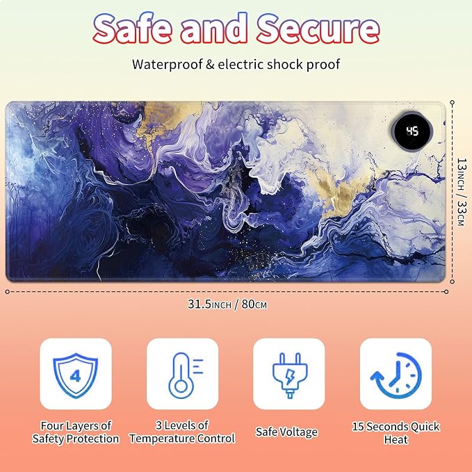 Heated Desk Pad Large Mouse Pad 31.5 x 13 inch with 3 Levels Heating & Auto Shut-Off Warm Mouse pad PU Leather Computer Mousepad for Home Office Work - Purple Marble