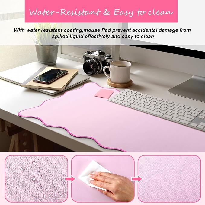 Hahafelt Scalloped Desk Mat Large Desk Pad Cute Coquette Table Mat Back to School Preppy Table Make up Pad Nonslip Graduation Gift with Stitching Waterproof Gaming(Pink,36 x 17 Inches)