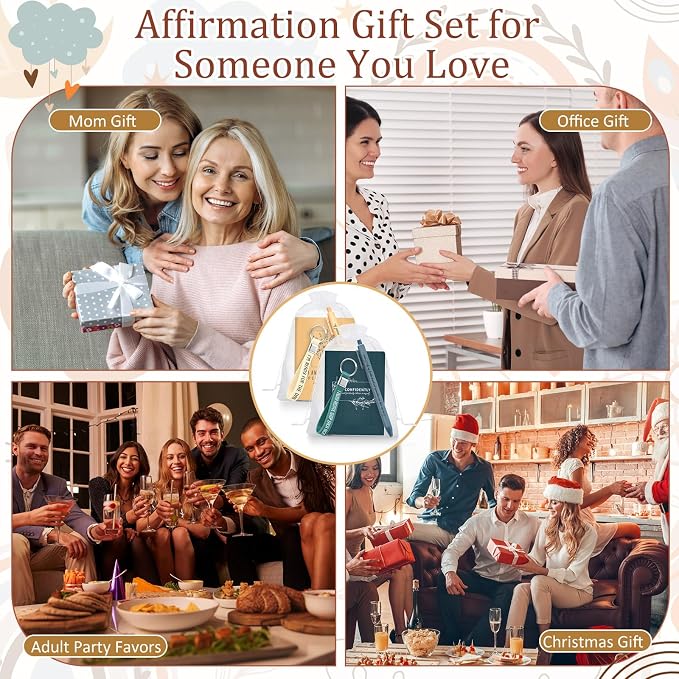 Mooliwe 48 Set Positive Affirmation Gift Set Gratitude Notebooks with Pens Keychains Small Bags Motivational Party Favors for Adult Women Coworkers Employee Group (Vibrant)